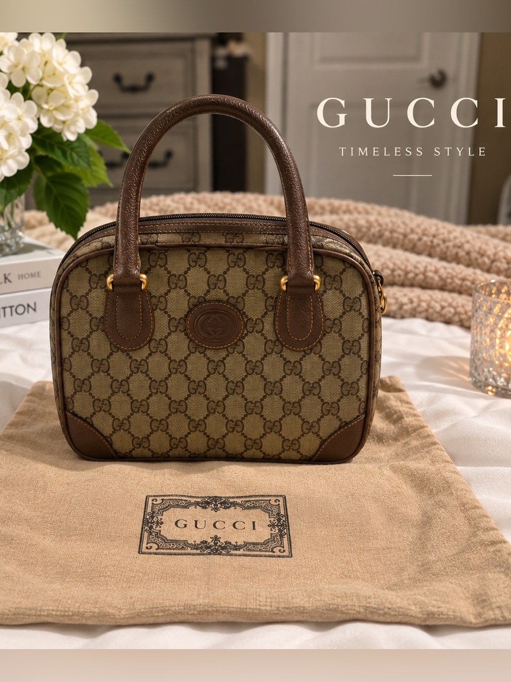 Vintage Gucci GG Monogram Canvas Satchel Brown Leather + Dust Bag